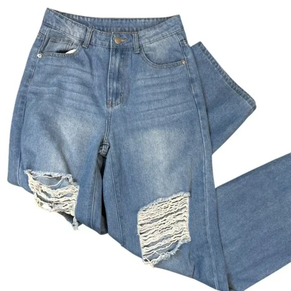 High Rise Wide Leg Ripped Jeans - Size 26 -‎ Cyber Grunge Skater Y2K - Picture 3 of 6